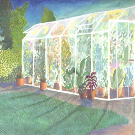 Night Light, 2022. Greenhouse gouache painting at dusk by Louise Grace