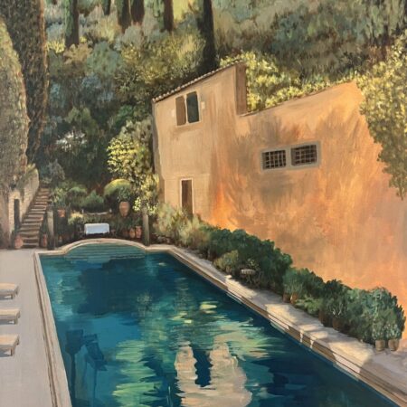 Painting of Chateau St Victor La Coste, swimming pool and garden in Provence, France with semi abstract reflections