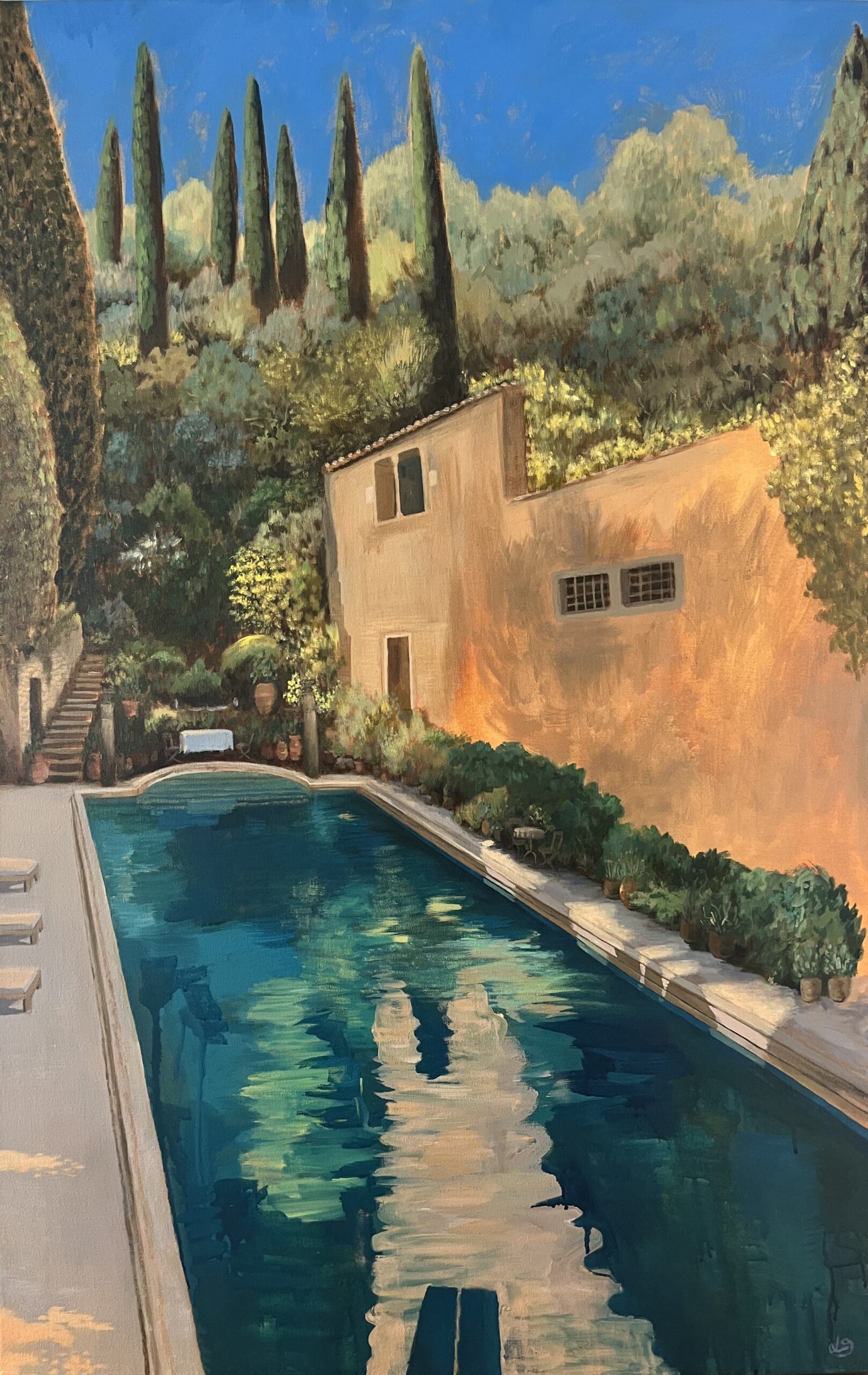 Painting of Chateau St Victor La Coste, swimming pool and garden in Provence, France with semi abstract reflections