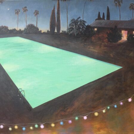 Many Adventures are Coming - Landscape painting of swimming pool at night with hanging party lights palm trees in last light and a cosy glow from the hut or pool house.