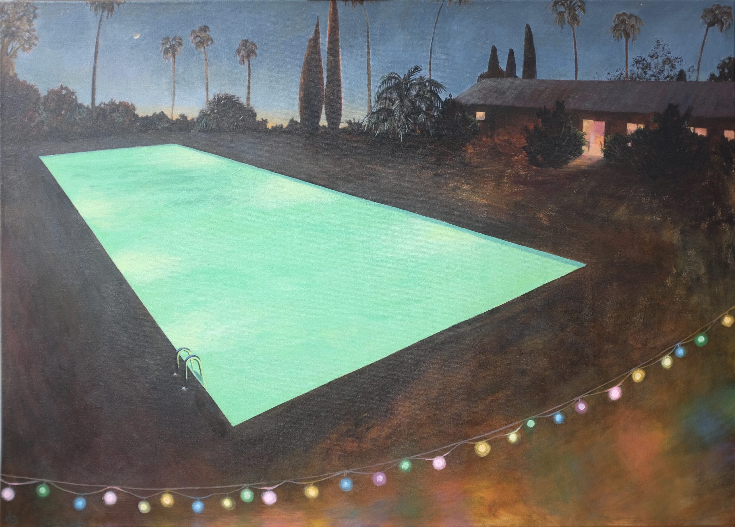 Many Adventures are Coming - Landscape painting of swimming pool at night with hanging party lights palm trees in last light and a cosy glow from the hut or pool house.