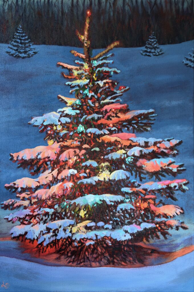 Lit Up - An acrylic painting of a brightly lit colourful Christmas tree in the snow