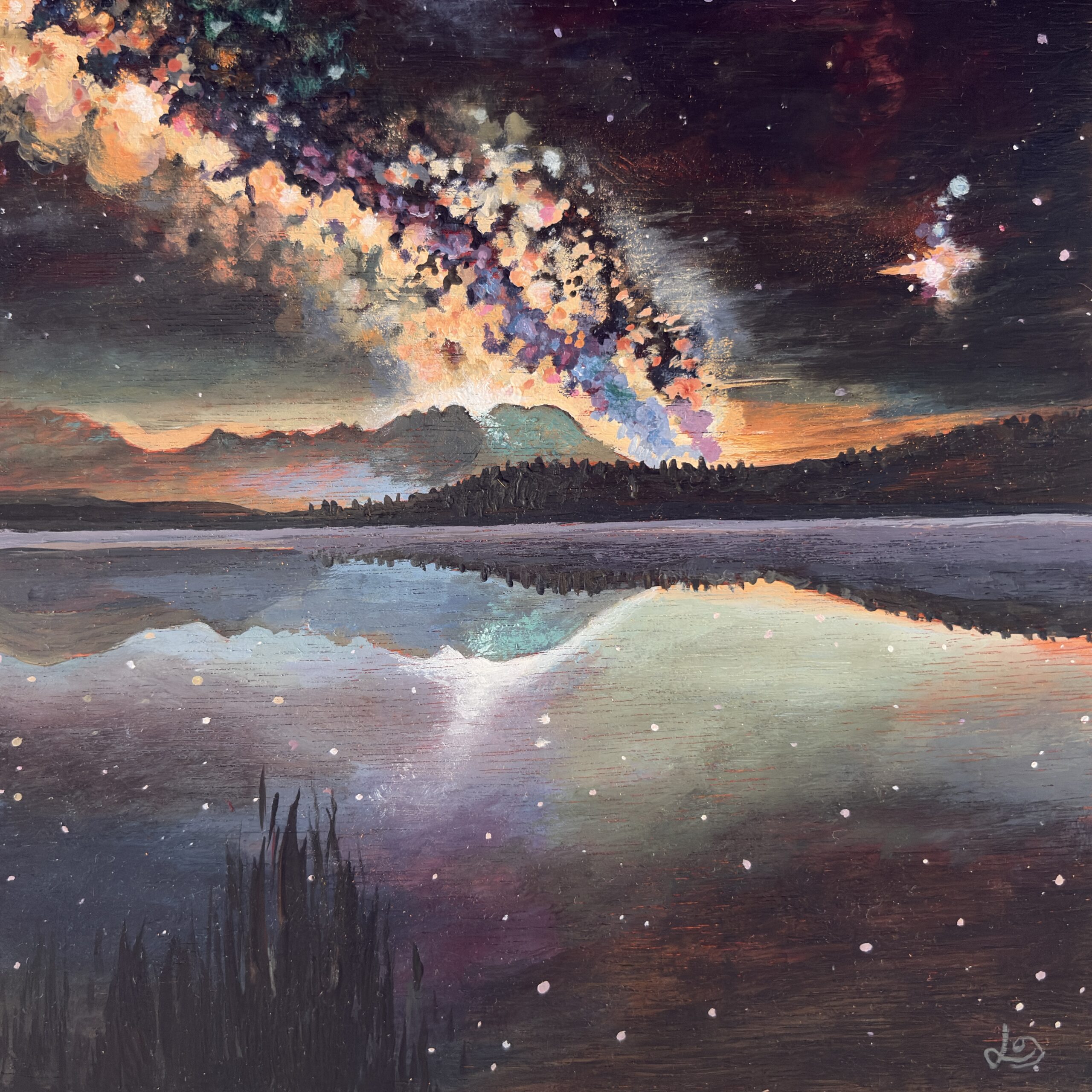 Upside Down. Painting of the milky way. Starry split sky reflected in a light mirror on the lake below.