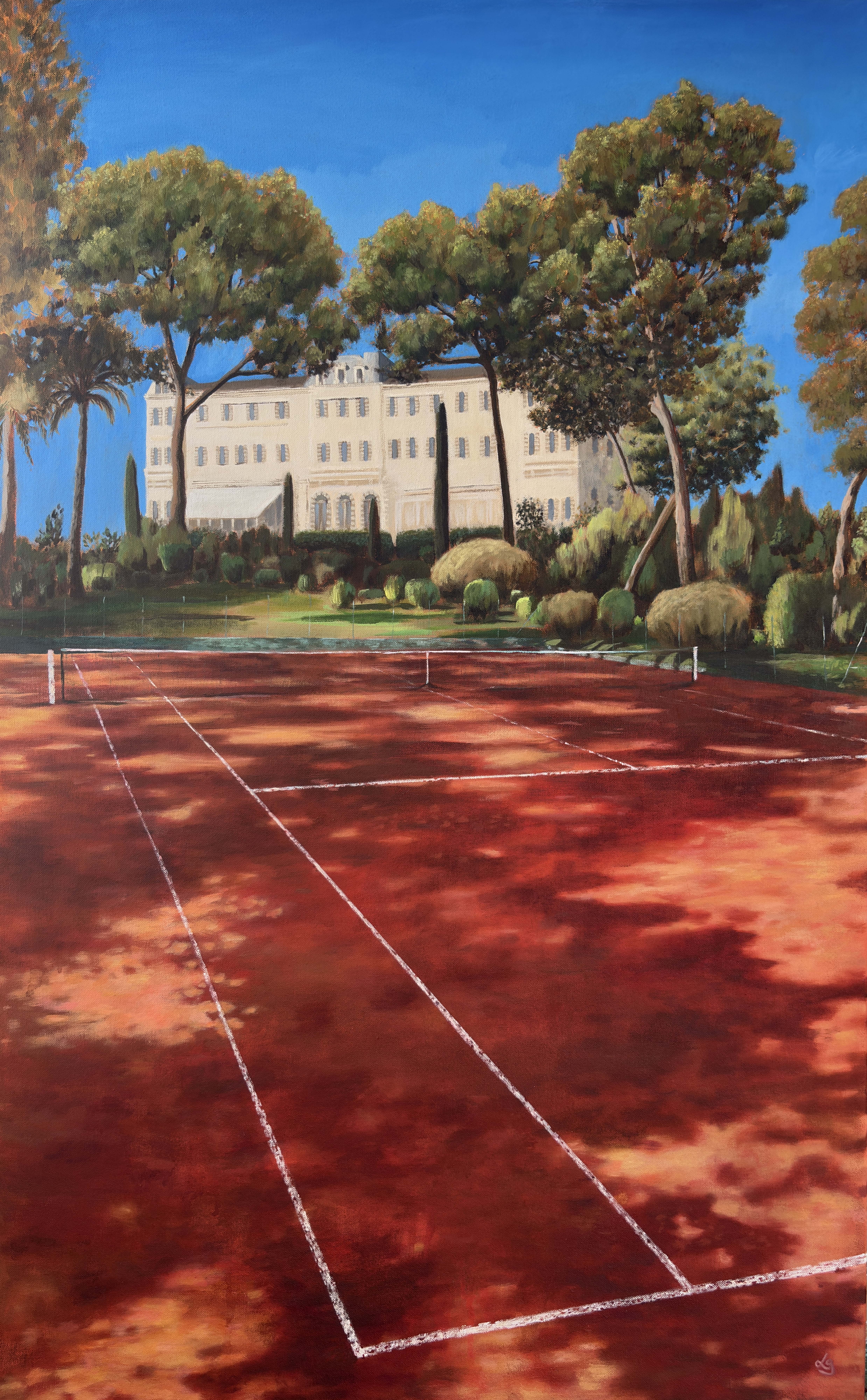 Eden Roc - Acrylic landscape painting on canvas of clay tennis court in France
